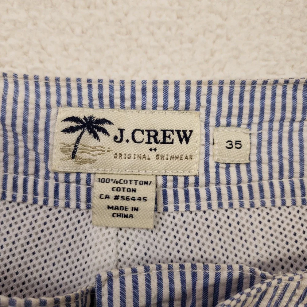 J.CREW Swim Trunks Mens 35 Blue White Striped Seersucker Cotton Board Shorts